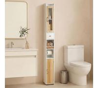 Todeco Armario de Baño Alto, 180 x 20 x 20 cm Mueble Estrecho, con Puerta de Cristal, Cajón y Estante Ajustable, Ideal para Salón, WC, Cocina, Entrada