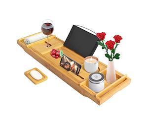 Todeco - Bandeja de Baño de Bambú, Bandeja de Baño de Madera - Material: Bambú - Tamaño: 109 x 23 x 3,8 cm - con 2 Soportes Desmontables y jabonera, Tela Negra