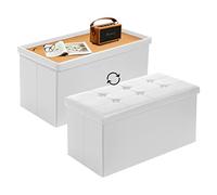 Todeco Baúl Almacenaje Dormitorio con 2 en 1 Tapa, Puff Almacenaje Plegable de Cuero, Baúl Almacenamiento Interior 80L, Taburete Almacenaje para Sala de Estar Dormitorio Entrada, Blanco