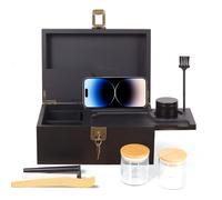 Todeco Caja grande de bambú con cerradura, caja decorativa para almacenamiento del hogar con molinillo, Bandeja extraíble, tarros de vidrio, cepillo, herramienta de accesorios, Negro