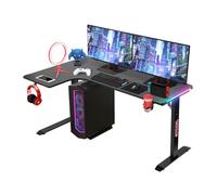Todeco Escritorio en Forma de L, Mesa Gaming 140×100 cm con LED, Escritorio Gaming con Tablero de Fibra de Carbono, con Portavasos y Gancho para Auriculares