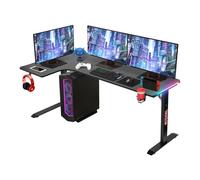 Todeco Escritorio en Forma de L, Mesa Gaming 160×100 cm con LED, Escritorio Gaming con Tablero de Fibra de Carbono, con Portavasos y Gancho para Auriculares
