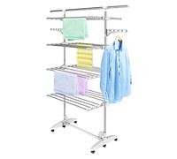 Todeco - Estante para Secado de Ropa, Tendedero - Material: Tubos de Acero Inoxidable - Carga máxima: 3 kg por Barra de Soporte - 4 estantes, Blanco, con alas y Barra Superior extendida