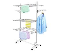 Todeco Estante para Secado de Ropa, Torre de Ropa de 3 Niveles, Blanco | Tubos de Acero Inoxidable, Estantes de Secado Plegables con 6 Ruedas 2 Alas, para Interior Exterior