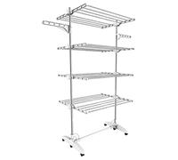 Todeco Estante para Secado de Ropa, Torre de Ropa de 4 Niveles, Blanco | Tubos de Acero Inoxidable, Estantes de Secado Plegables con 6 Ruedas 2 Alas, para Interior Exterior