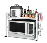 Todeco - Estanteria Microondas Cocina, Estante De Metal Multifuncional De 2 Niveles, Rejilla para Microondas, Soporte Horno, con 6 Ganchos Carga 25 Kg, (36-60) x36 x 47cm, Blanco