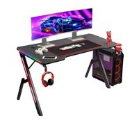 Todeco Mesa Gaming 140cm × 60cm, Ergonómico Mesa Gamer con LED, Escritorio Gaming con Tablero de Fibra de Carbono, con Portavasos y Gancho para Auriculares y Alfombrilla de ratón