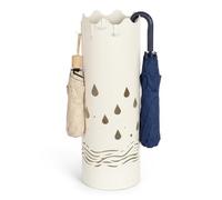Todeco Paraguero Metálico con Ganchos, Bandeja Recogegotas, Blanco Crema | Base antideslizante, revestimiento antioxidante, para paraguas largos y plegables, diseño de gotas de lluvia, hogar, oficina
