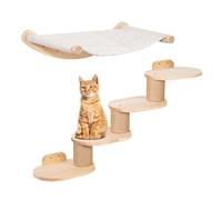 Todeco Pared para Gatos con Escalera, Hamaca y Rascador de Sisal | Alfombra antideslizante, madera maciza, montaje en pared, soporta hasta 15 kg, ideal para escalar y descansar