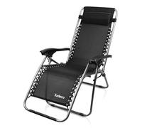 Todeco Relajante Textileno Jardín, Silla Plegable de Gravedad Cero, 165 x 112 x 65 cm, Negro, Textilene, con Almohada, Carga máxima: 100 kg, Material: Acero