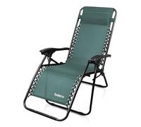 Todeco Relajante Textileno Jardín, Silla Plegable de Gravedad Cero, 165 x 112 x 65 cm, Verde, con Almohada, Textilene, Carga máxima: 100 kg, Material: Acero