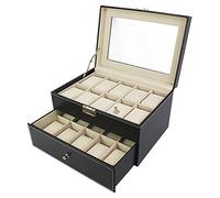 Todeco Relojero con Cajón Negro/Beige 2 Niveles, 20 Relojes, MDF | Expositor Transparente para Joyas, Brazaletes y Collares