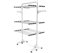 Todeco Tendedero de Torre con 3 Niveles, Plegable, con Tubos de Acero Inoxidable, con Rueda, 2 alas Plegables, para balcón, Color Blanco y Negro