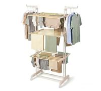 Todeco Tendedero Plegable de 4 Niveles con estantes de Secado, Tubos metálicos Efecto Madera con alas pivotantes, Estructura Color Marfil Latte, Harmony Collection, Tenderete de Ropa con Ruedas