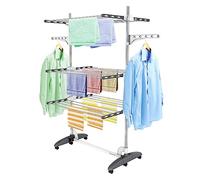 Todeco Tendederos Plegables Grandes 3 Niveles, Tenderetes de Ropa, Gris | Tubos de Acero Inoxidable, Estantes de Secado Plegables con 6 Ruedas 2 Alas, para Interior Exterior
