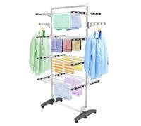 Todeco Tendederos Plegables Grandes 4 Niveles, Barra Superior, Gris | Tubos de Acero Inoxidable, Estantes de Secado Plegables con 6 Ruedas 2 Alas, para Interior Exterior