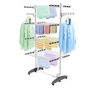 Todeco Tendederos Plegables Grandes 4 Niveles, Tenderetes de Ropa con 6 Ruedas, 2 Alas, Estantes de Secado de Acero Inoxidable para Interior Exterior, Gris