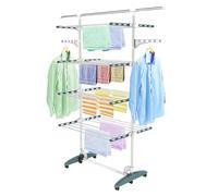 Todeco Tendederos Plegables Grandes 4 Niveles, Tenderetes de Ropa con 6 Ruedas,Barra Superior Extensible, 2 Alas, Estantes de Secado de Acero Inoxidable para Interior Exterior, Verde Azulado