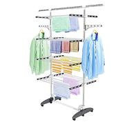 Todeco Tendederos Plegables Grandes 4 Niveles, Tenderetes de Ropa con 6 Ruedas,Barra Superior Extensible, 2 Alas, Estantes de Secado de Acero Inoxidable para Interior Exterior, Gris