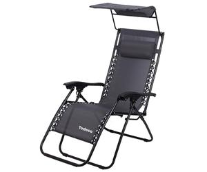 Todeco Tumbona Plegable Jardín con Toldo, Silla Gravedad Cero Reclinable con Respaldo Ajustable para Patio, Camping, Terraza y Piscina, Carga máxima 100kg, Gris