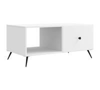 Todiikf Mesa de centro blanca 90 x 50 x 40 cm de madera con 2 | Mesa de café compacta con estantes de almacenamiento, cuerpo de madera resistente y patas de metal negro.
