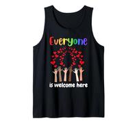 Todo el mundo es bienvenido aquí manos arriba corazones rojos diversidad Camiseta sin Mangas