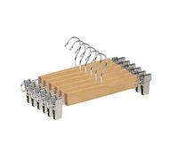 TODO HOGAR Percha Madera Maciza para Faldas, Pantalones y Vaqueros, Color Natural con Clips Ajustables Anticorrosión y Gancho Giratorio Pack de 12