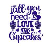 Todo lo que necesitas es amor y cupcakes corazón día de San Valentín amor sé mío vacaciones Pegatinas artísticas de vinilo 54.6x63.3cm No daña la superficie de la pared Azul oscuro
