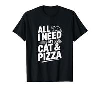 Todo lo Que Necesito es mi Gato y la Pizza, Divertido Amante de los Gatos Camiseta gráfica económica, Hombre, Negro, L
