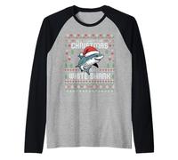 Todo lo Que Quiero para Navidad es un suéter navideño Feo con Forma de tiburón Blanco Camiseta Manga Raglan
