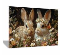 TODOAA Animal Cuadro en Lienzo Conejo Retro Floral cuadro vintage, póster para decoración del hogar para cuarto de baño salón cuadro de pared moderno（Blanco-30x40cm Enmarcado