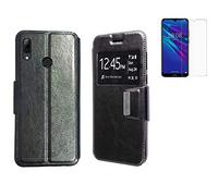 Todobarato24h Funda Compatible con Huawei Y7 2019 (6.26) Negra Libro Ventana + Protector de Cristal Templado