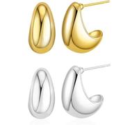 TOEECY 2 Pares Pendientes Lágrima Huecos 18k Chapados Aretes Ovalados Elegantes Joyas Brillantes Acero Inoxidable