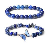 TOEECY 2 Piezas Pulsera Lapislázuli Natural Mariposa Cristal Piedra Semipreciosa Cuentas Redondas Elástica Joyería Mujer Brazalete Decoración