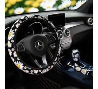 TOEECY 3 Piezas Funda Volante Coche Margaritas Floral Cubierta Protectora Volante Automóvil Decorativa Antideslizante Universal Ajustable Elástica