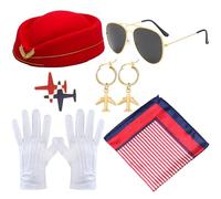 TOEECY 5 Piezas Accesorios de Disfraz de Azafata para Mujer Cosplay con Guantes, Gafas, Bufanda, Broche, Boina para Adultos Disfraces y Eventos Temáticos