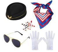 TOEECY 5 Piezas Accesorios de Disfraz de Azafata para Mujer Cosplay con Guantes, Gafas, Bufanda, Broche, Boina para Adultos Disfraces y Eventos Temáticos