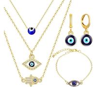 TOEECY 5 Piezas Conjunto Joyas Ojo Turco Hamsa Amuleto Collar Multicapa Pendientes Pulsera Cristal Brillante Acero Inoxidable