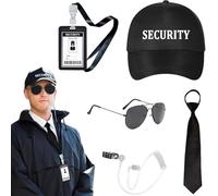 TOEECY 6 Piezas Conjunto Disfraz Agente Seguridad Profesional Gorra Gafas Aviador Corbata Tarjeta Identificación Auricular Seguridad Adultos Carnaval