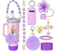 TOEECY 8 Piezas Pajitas Reutilizables Flor Llavero Pompón Accesorios Vaso Termo Correa Colgante Decoración Taza