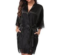 TOEECY Bata Kimono Mujer Verano Corto Sexy Batas Novia Ligero Suave Vestir de Satén Albornoz con Cinturón y Bolsillas Pijamas de Boda de dama de honor Cuello en V Camisón Ribete Encaje (L)