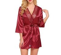 TOEECY Bata de Mujer de Satén Sexy Cuello en V Corto Kimono Batas Pijama Novia Boda de Seda Vestido de Encaje Ligero Suave Albornoz Cómodo con Cinturón de Raso Tanga (Rojo,S)