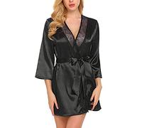 TOEECY Bata de Mujer de Satén Sexy Cuello en V Corto Kimono Batas Pijama Novia Boda de Seda Vestido de Encaje Ligero Suave Albornoz Cómodo con Cinturón de Raso Tanga (Negro,L)