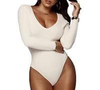 TOEECY Body Reductor Mujer de Manga Larga con Escote en V Lencería Sexy para Mujer Ropa Interior Erótica Mono Elegante para Noche y Fiesta(Blanco,L)