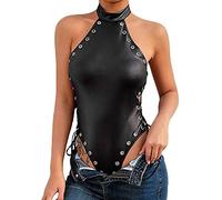 TOEECY Body sin Mangas Mujer Sexy Halter Cuello Alto Bodysuit Ajustado Efecto Cuero Moldeador Cuerpo Entero Top Elegante Monos Jumpsuit Ropa Verano Camiseta Fit