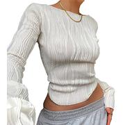 TOEECY Camiseta de Manga Larga Corto Ropa para Mujer Cuello Redondo Texturizado Jersey Pullover Casual Adelgazantes Tops Elasticidad Sexy Color Sólido Camisa de Fondo (Blanco,S)