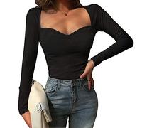 TOEECY Camiseta de Manga Larga para Mujer Sexy Cuello Cuadrado Acanalada Top Basica elástica Jersey de Punto Casual Adelgazantes Pullover Suéter Moda Color Sólido Camisa de Fondo (Negro)