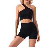 TOEECY Conjunto de 2 Piezas de Yoga para Mujer Un Hombro Fitness Gym Running Pantalones Cortos Deportivos De Cintura Alta Para Correr y Brasier Deportivo Ropa Deportiva Para Gimnasio (Negro,L)