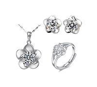 TOEECY Conjuntos de Joyas para Mujer y Niñas Plateado Flor Colgante Collar Pendientes Anillo Cubic Zirconia Fiesta Nupcial (Flor de Ciruelo)