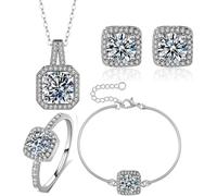 TOEECY Juegos de Joyas Mujer Colgantes Collar Zirconia Cubo Conjunto de Pulseras Pendientes Anillos Conjunto de Fiesta para Mujer y Niña (Plata)